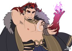 Rule 34 | 1boy, armpit hair, armpits, bara, chest tattoo, cloak, come hither, cowboy shot, crave saga, demon boy, demon horns, facial hair, fire, goatee, gradient hair, halloween costume, horns, huge eyebrows, jewelry, large pectorals, looking at viewer, male focus, masa (mshk s), mature male, multicolored hair, multiple horns, muscular, muscular male, navel, nipples, official alternate costume, pectorals, protagonist (crave saga), pyrokinesis, ring, seductive smile, short hair, sideburns, sideburns stubble, smile, smirk, solo, stomach, stubble, tattoo, thick eyebrows, tsurime