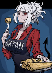 Rule 34 | 1girl, apron, as109, blunt bangs, blush, breasts, cleavage, demon girl, demon horns, demon tail, eating, english text, food, fork, helltaker, highres, horns, lucifer (helltaker), mole, mole on breast, pancake, red eyes, solo, tail, white hair
