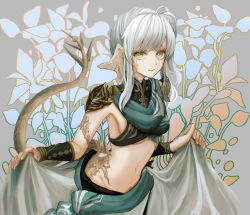 Rule 34 | 1girl, absurdres, armor, au ra, warrior of light (ff14), braid, breasts, brown eyes, dragon tail, final fantasy, final fantasy xiv, green eyes, grey background, grey hair, hands up, highres, holding, huge filesize, looking at viewer, medium breasts, medium hair, midriff, navel, scales, shoulder armor, skirt hold, smile, solo, stomach, straw like, tail