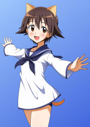 1girl animal_ears blue_background blush brown_eyes brown_hair collarbone dot_nose female_focus legs long_sleeves miyafuji_yoshika open_mouth school_uniform short_hair simple_background solo standing strike_witches tail world_witches_series yumekaranigeruna