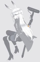 Rule 34 | 1girl, animal ears, arknights, arm support, blush, boots, character name, closed mouth, full body, gloves, grey background, grey hair, hair between eyes, high heel boots, high heels, highres, holding, jacket, long hair, looking at viewer, looking back, one side up, pantyhose, rabbit ears, savage (arknights), simple background, sitting, skirt, solo, somnium, striped clothes, striped skirt, thigh boots, thighhighs, vertical-striped clothes, vertical-striped skirt, very long hair, white hair