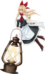 Rule 34 | 1girl, apron, ascot, black dress, blonde hair, blue eyes, boots, bow, brown footwear, capelet, doll, dress, frilled dress, frills, glasses, hair bow, high heels, highres, lamp, long hair, mini person, minigirl, polearm, red ascot, shanghai doll, short hair, shoulder guard, skirt hold, smile, solo, tachi-e, tk31, touhou, transparent background, waist apron, weapon