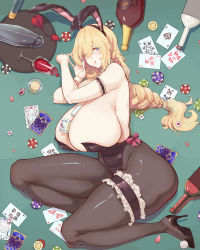 Rule 34 | 1girl, absurdres, alcohol, animal ears, areola slip, between breasts, blonde hair, blue eyes, bottle, braid, braided ponytail, breasts, card, card between breasts, casino, casino card table, cleavage, cup, curvy, des moines (warship girls r), detached collar, dice, drinking glass, fake animal ears, hair between eyes, hair ornament, high heels, highres, huge breasts, leotard, long hair, looking at viewer, lying, on side, pantyhose, playboy bunny, playing card, poker chip, pool table, rabbit, rabbit ears, rabbit hair ornament, ribbon, solo, table, thick thighs, thighs, tray, warship girls r, wine, wine bottle, wine glass, xiao shei..