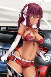 Rule 34 | 1girl, absurdres, adidas, bare shoulders, belt, bikini, bikini top only, blurry, blurry background, breasts, car, checkered flag, choker, cleavage, collarbone, commentary request, cowboy shot, criss-cross halter, dark-skinned female, dark skin, elbow gloves, flag, girls&#039; frontline, gloves, groin, hair between eyes, hair ribbon, halterneck, highleg, highleg bikini, highres, holding, holding flag, large breasts, long hair, looking at viewer, mercedes-benz, midriff, motor vehicle, navel, official alternate costume, parted lips, purple hair, race queen, race vehicle, racecar, red bikini, red choker, red shorts, ribbon, saiga-12 (crimson navigator) (girls&#039; frontline), saiga-12 (girls&#039; frontline), short shorts, shorts, side ponytail, sidelocks, signature, skindentation, solo, standing, suzishi ovo, swimsuit, thighhighs, white belt, white gloves, white ribbon, white thighhighs, yellow eyes