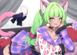 Rule 34 | 1girl, animal ears, black bow, black choker, black thighhighs, bow, breasts, cat ears, cat tail, choker, cleavage, collarbone, commission, dark-skinned female, dark skin, dress, earrings, green eyes, green hair, hair ornament, heart, heart-shaped pillow, heart hair ornament, highres, indie virtual youtuber, jewelry, long hair, lying, multicolored clothes, multicolored dress, on stomach, open mouth, pillow, plaid, plaid dress, pom pom (clothes), pom pom earrings, poneko (vtuber), purple dress, solo, tail, tail bow, tail ornament, thighhighs, valefal coneri, vgen commission, virtual youtuber, white dress