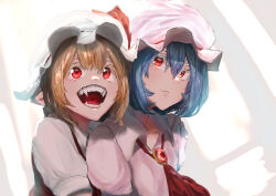 Rule 34 | 2girls, absurdres, ascot, blonde hair, blue hair, breasts, brooch, closed mouth, collared shirt, fangs, flandre scarlet, hair between eyes, hand on another&#039;s shoulder, hat, highres, jewelry, medium hair, mob cap, multiple girls, open mouth, pink headwear, pink shirt, pointy ears, puffy short sleeves, puffy sleeves, red ascot, red brooch, red eyes, red vest, remilia scarlet, shirt, short hair, short sleeves, siblings, simple background, sisters, small breasts, sotatsudraw, teeth, touhou, upper body, vampire, vest, white background, white headwear, white shirt