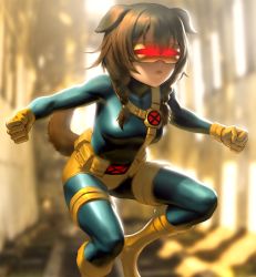 Rule 34 | 1girl, animal ears, backlighting, blue bodysuit, blurry, bodysuit, boots, braid, breasts, brown hair, clenched hands, cosplay, cyclops (x-men), cyclops (x-men) (cosplay), dog ears, dog girl, dog tail, expressionless, feet out of frame, fighting stance, gloves, glowing, hat, hololive, infi, inugami korone, marvel, medium breasts, side braids, solo, tail, thigh strap, thighs, twin braids, virtual youtuber, visor, x-men, yellow footwear, yellow gloves