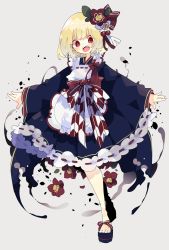 Rule 34 | 1girl, alternate costume, apron, bare legs, beads, blonde hair, blue dress, blue footwear, blush, bob cut, bow, commentary request, darkness, dissolving clothes, dress, falling, flower, grey background, hair flower, hair ornament, hair ribbon, highres, leaf hair ornament, long sleeves, looking at viewer, magic, nikorashi-ka, open mouth, outstretched arms, platform footwear, red bow, red eyes, red flower, red ribbon, ribbon, ribbon-trimmed apron, ribbon-trimmed clothes, ribbon-trimmed dress, ribbon trim, rumia, shards, sharp teeth, short hair, simple background, smoke, solo, spread arms, teeth, touhou, traditional clothes, white apron, white flower, white ribbon, wide-eyed, wide sleeves