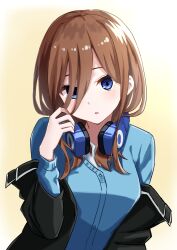 Rule 34 | 1girl, absurdres, black jacket, blue cardigan, blue eyes, brown background, brown hair, cardigan, commentary request, eyebrows hidden by hair, go-toubun no hanayome, gradient background, hair over one eye, hand up, headphones, headphones around neck, highres, honorikiti, jacket, long hair, long sleeves, looking at viewer, nakano miku, off shoulder, open clothes, open jacket, parted lips, shirt, solo, upper body, white background, white shirt