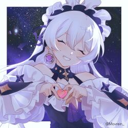 Rule 34 | 1girl, ^ ^, absurdres, bare shoulders, black dress, blush, closed eyes, commentary, dress, earrings, english commentary, grin, hair between eyes, heart, heart hands, highres, honkai (series), honkai impact 3rd, jewelry, long hair, long sleeves, movrein, night, night sky, off-shoulder dress, off shoulder, sky, sleeves past wrists, smile, solo, star (sky), starry sky, theresa apocalypse, theresa apocalypse (celestial hymn), upper body, white hair, wide sleeves