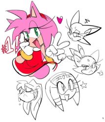 Rule 34 | 1girl, amy rose, animal ears, blaze the cat, cat ears, fox ears, gloves, green eyes, heart, long hair, multiple tails, open mouth, pink hair, solo, sonic (series), tail, tikal the echidna, v, vanilla the rabbit, watatanza