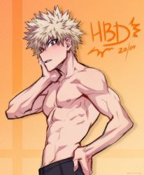 Rule 34 | 1boy, abs, alek reyes, bakugou katsuki, blonde hair, boku no hero academia, collarbone, dated, gradient background, hand on own face, happy birthday, highres, looking at viewer, navel, nipples, orange background, red eyes, solo, spiked hair, toned, toned male, topless male