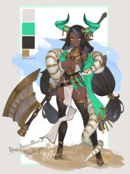 Rule 34 | 1girl, absurdres, axe, black hair, breasts, bridal legwear, color guide, commission, dark skin, detached sleeves, full body, gold, gold trim, high heels, highres, holding, holding axe, holding weapon, horns, large breasts, long hair, long pointy ears, looking at viewer, n9+, nail polish, original, parted lips, pelvic curtain, pointy ears, revealing clothes, skeb commission, snake, solo, standing, thighhighs, very dark skin, very long hair, weapon, white snake, yellow eyes