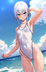 Rule 34 | 1girl, aqua eyes, arm up, armpits, blue trim, breasts, cleft of venus, closed mouth, collarbone, commentary request, covered erect nipples, covered navel, dosu (doseven), gluteal fold, hair between eyes, highleg, highleg swimsuit, light blush, looking at viewer, ocean, one-piece swimsuit, original, outdoors, paid reward available, partially submerged, short hair with long locks, small breasts, solo, swimsuit, wading, wet, white hair, white one-piece swimsuit