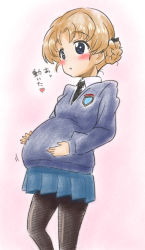 Rule 34 | 10s, 1girl, bad id, bad pixiv id, blue eyes, blush, bow, braid, breasts, collared shirt, eeshin (eishin5584), girls und panzer, hair bow, necktie, open mouth, orange hair, orange pekoe (girls und panzer), pantyhose, pregnant, school uniform, shirt, simple background, skirt, small breasts, solo, sweater
