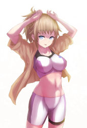 Rule 34 | 10s, 1girl, bike shorts, blue eyes, breasts, brown hair, female focus, gundam, gundam build fighters, gundam build fighters try, highres, hoshino fumina, jacket, large breasts, looking at viewer, midriff, navel, ponytail, short hair, simple background, solo, sports bra, track jacket, two-tone sports bra, white background, xiaodi