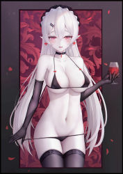 Rule 34 | 1girl, absurdres, areola slip, arknights, bad id, bad pixiv id, bare shoulders, bikini, bikini pull, binggong asylum, black bikini, black choker, black gloves, black thighhighs, blush, breasts, chinese commentary, choker, clothes pull, commentary request, cowboy shot, cross, cross earrings, cup, cupping glass, earrings, elbow gloves, gloves, groin, hair between eyes, hair ornament, hairclip, halterneck, highres, holding, holding cup, jewelry, large breasts, long hair, looking at viewer, navel, pale skin, parted lips, petals, pink eyes, silver hair, slit pupils, smile, solo, standing, stomach, swimsuit, thighhighs, thighs, very long hair, warfarin (arknights)