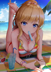 Rule 34 | 1girl, bare shoulders, barefoot, beach, bendy straw, bikini, blonde hair, blue eyes, blue sky, breasts, cleavage, cloud, cloudy sky, collarbone, commentary, cup, day, drink, drinking glass, drinking straw, fingernails, fingers together, flower, food, food in mouth, front-tie bikini top, front-tie top, hair between eyes, hair flower, hair ornament, halterneck, high ponytail, highres, horizon, ice, ice cube, idolmaster, idolmaster cinderella girls, innertube, legs up, long hair, lying, medium breasts, monaka curl, mouth hold, nail polish, ocean, ohtsuki yui, on stomach, outdoors, palm tree, pink flower, pink nails, ponytail, popsicle, red-framed eyewear, red-tinted eyewear, sand, side-tie bikini bottom, sky, soles, solo, string bikini, striped bikini, striped clothes, sweat, swim ring, swimsuit, the pose, tinted eyewear, tree, water, white-framed eyewear