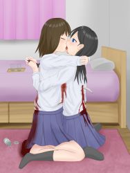 Rule 34 | 2girls, bed, bedroom, black hair, blood, blood from mouth, blood on clothes, blue eyes, brown hair, closed eyes, couple, curtains, drugs, ero guro, glass, guro, highres, hug, impaled, indoors, kiss, multiple girls, no shoes, original, pill, pill bottle, pillow, school uniform, skirt, socks, suicide, sword, tears, tray, weapon, wooden floor, yuri