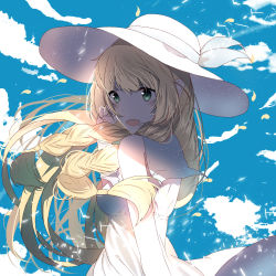 Rule 34 | 1girl, :d, absurdres, blonde hair, blue sky, blush, braid, cloud, cloudy sky, creatures (company), day, dress, floating hair, game freak, green eyes, hat, highres, lillie (pokemon), long hair, looking at viewer, looking back, nintendo, open mouth, outdoors, petals, pokemon, pokemon sm, re:rin, sky, smile, solo, sun hat, sundress, white dress, white hat
