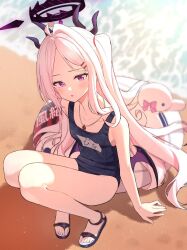 Rule 34 | 1girl, akashi rokurou, bare arms, bare legs, bare shoulders, beach, black horns, black one-piece swimsuit, blue archive, blush, breasts, collarbone, demon horns, highres, hina (blue archive), hina (swimsuit) (blue archive), horns, innertube, long hair, looking at viewer, name tag, ocean, official alternate costume, one-piece swimsuit, open mouth, outdoors, purple eyes, sandals, school swimsuit, small breasts, solo, squatting, swim ring, swimsuit, toes, very long hair, whistle, whistle around neck, white hair