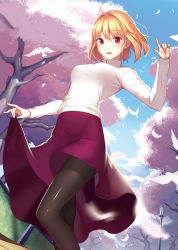Rule 34 | 1girl, absurdres, ahoge, arcueid brunestud, backlighting, bird, black pantyhose, blonde hair, blue sky, breasts, cherry blossoms, clothes lift, day, dove, hair between eyes, hair intakes, hand up, hedge, highres, index finger raised, kim nico, lamppost, lifted by self, looking at viewer, motion blur, outdoors, pantyhose, park, purple skirt, red eyes, shiny clothes, skirt, skirt lift, sky, slit pupils, smile, solo, sweater, tree, tsukihime, turtleneck, turtleneck sweater