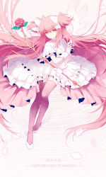 Rule 34 | 10s, 1girl, 2014, bow (weapon), character name, cuivre, dated, dress, flower, gloves, happy birthday, highres, kaname madoka, long hair, mahou shoujo madoka magica, mahou shoujo madoka magica (anime), pink flower, pink hair, pink rose, ribbon, rose, smile, solo, spoilers, ultimate madoka, very long hair, weapon, white dress, white ribbon, yellow eyes