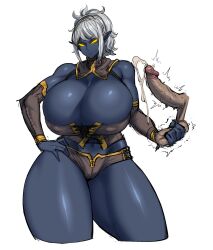 Rule 34 | 1girl, ball busting, blue skin, breasts, colored sclera, colored skin, cum, dark elf, dark skin, disembodied penis, elf, femdom, hand on own hip, highres, huge breasts, large penis, no pupils, non-web source, original, paid reward, penis, pointy ears, ponytail, solo, spacezin, squeezing testicles, testicle grab, testicles, thick thighs, thighs, twitching, white background, white hair, wide hips, yellow eyes, yellow sclera