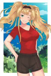 Rule 34 | 1girl, black shorts, blonde hair, blue eyes, blue sky, blush, border, breasts, casual, collarbone, contemporary, day, forest, granblue fantasy, grin, hand on own hip, head tilt, highres, large breasts, lazycoffee (wyen iscordo), long hair, looking at viewer, nature, one eye closed, red shirt, shirt, shorts, sky, smile, solo, twintails, white border, zeta (granblue fantasy)