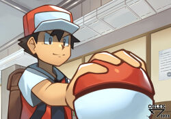 Rule 34 | 1boy, artist name, backpack, bag, brown bag, closed mouth, commentary, creatures (company), game freak, hair between eyes, hat, highres, holding, holding poke ball, indoors, jacket, looking down, male focus, nintendo, orlek, paper, poke ball, poke ball (basic), pokemon, pokemon rgby, red (pokemon), red hat, short hair, short sleeves, smile, solo, split mouth, upper body