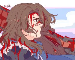 Rule 34 | 1boy, armor, blood, blood on clothes, blood on face, brown eyes, brown hair, from side, granblue fantasy, long hair, long hair male, male focus, over shoulder, pongldr, scarf, self-upload, siegfried (granblue fantasy), simple background, sky, sword, sword over shoulder, weapon, weapon over shoulder
