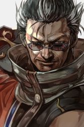 Rule 34 | 1boy, auron, brown eyes, brown hair, coat, facial hair, final fantasy, final fantasy x, glasses, grey-framed eyewear, hungry clicker, looking at viewer, male focus, nose, short hair, solo, spiked hair, stubble, upper body, v-shaped eyebrows, white background