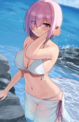 Rule 34 | 1girl, alternate costume, ayul (ayulneri 92), bare shoulders, bikini, blush, breasts, cleavage, collarbone, commentary, fate/grand order, fate (series), hair over one eye, highres, large breasts, light purple hair, looking at viewer, mash kyrielight, navel, purple eyes, short hair, smile, solo, swimsuit, white bikini
