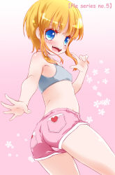 Rule 34 | 1girl, ass, bare shoulders, blue eyes, blush, flat chest, from behind, gundam, heart, highres, looking at viewer, looking down, noto (soranoto), open mouth, orange hair, puru five, shiny skin, short hair, short shorts, shorts, smile, solo