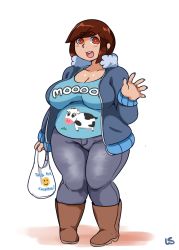 Rule 34 | 1girl, boots, breasts, brown eyes, brown hair, cleavage, denim, ear piercing, highres, huge breasts, jeans, lightsource, pants, piercing, plump, purin (lightsource), smile, solo, thick eyebrows, thick thighs, thighs, wide hips