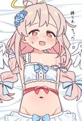 Rule 34 | 1girl, :d, ahoge, angel wings, arms behind back, bed sheet, blue bow, blush, bound, bow, braid, brown eyes, commentary, flower, groin, hair flower, hair ornament, halo, highres, looking at viewer, lying, midriff, navel, nuurise2023, official alternate costume, official alternate hairstyle, on back, onii-chan wa oshimai!, open mouth, oyama mahiro, pink hair, red ribbon, ribbon, ribbon bondage, skirt, smile, solo, strap slip, sweatdrop, translated, twin braids, upper body, waist ribbon, white skirt, wings
