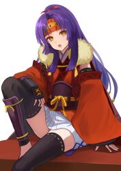 Rule 34 | 1girl, :o, black thighhighs, commentary request, curtained hair, detached sleeves, fire emblem, fire emblem: radiant dawn, fire emblem heroes, fur trim, headband, highres, labebebe lee, long hair, looking at viewer, ninja, nintendo, obi, official alternate costume, official alternate hairstyle, open mouth, ponytail, purple hair, red headband, sanaki kirsch altina, sanaki kirsch altina (ninja), sash, simple background, sitting, solo, thighhighs, white background, yellow eyes