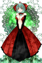 Rule 34 | 1girl, alternate costume, aoshima, bags under eyes, bare shoulders, black gloves, bow, breasts, center opening, dress, elbow gloves, female focus, front ponytail, gloves, green eyes, green hair, hair bow, hair ornament, highres, impossible clothes, kagiyama hina, lace, lace-trimmed dress, lace trim, large breasts, long hair, looking at viewer, matching hair/eyes, navel, no bra, red dress, smile, solo, @ @, standing, touhou, v arms