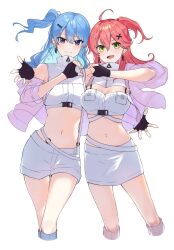Rule 34 | 2girls, ahoge, aya02ka, black gloves, blue eyes, blue hair, blue socks, breasts, cleavage cutout, closed mouth, clothing cutout, crop top, cropped jacket, cropped legs, earrings, fingerless gloves, gloves, green eyes, hair between eyes, hair ornament, hairclip, heart, heart hands, heart hands duo, highres, hololive, hoshimachi suisei, jacket, jewelry, large breasts, long hair, looking at viewer, midriff, multiple girls, one side up, open mouth, pink socks, sakura miko, shorts, side-by-side, skirt, sleeveless, sleeveless jacket, small breasts, socks, triangle earrings, turtleneck, turtleneck jacket, upper body, v-shaped eyebrows, virtual youtuber, white background, white jacket, white shorts, white skirt, x hair ornament