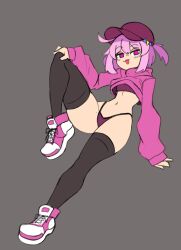 Rule 34 | 1girl, :3, ahoge, black thighhighs, borrowed character, bra, clothes lift, dina (lynthe), doce, female focus, full body, grey background, hair ornament, hairclip, half-closed eyes, hand on own knee, hat, highres, hood, hoodie, hoodie lift, looking at viewer, navel, no pants, open mouth, original, panties, pink eyes, pink hair, pink hoodie, purple bra, purple panties, shoes, short hair, simple background, sneakers, solo, thighhighs, underwear