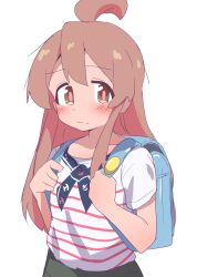 Rule 34 | 1girl, :|, absurdres, ahoge, alternate costume, anchor print, backpack, bag, bare arms, brown eyes, brown hair, closed mouth, commentary, genderswap, genderswap (mtf), hair between eyes, hatafuta, highres, holding strap, light blush, long hair, looking at viewer, onii-chan wa oshimai!, oyama mahiro, shirt, short sleeves, simple background, sketch, solo, striped clothes, striped shirt, upper body, white background