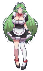 Rule 34 | 1girl, akairiot, alternate costume, apron, blush, bow, bowtie, breasts, cleavage, enmaided, female focus, full body, green eyes, green hair, highres, kid icarus, kid icarus uprising, large breasts, long hair, looking at viewer, maid, maid apron, maid headdress, matching hair/eyes, nintendo, palutena, ribbon, single thighhigh, smile, solo, standing, super smash bros., thighhighs, transparent background, very long hair