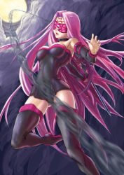 Rule 34 | 1girl, bare shoulders, blindfold, boots, chain, detached sleeves, dress, facial mark, fate/stay night, fate (series), forehead mark, full moon, impossible clothes, long hair, medusa (fate), medusa (rider) (fate), moon, open mouth, purple hair, short dress, solo, strapless, strapless dress, thigh boots, thighhighs, very long hair, xenozex, zettai ryouiki