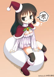 Rule 34 | 1girl, :o, bell, black eyes, black hair, boots, breasts, christmas, cleavage, fur boots, glasses, hat, highres, jingle bell, kazuboh, knee boots, long hair, medium breasts, meme attire, minakami mai, nichijou, open-chest sweater, ribbed sweater, sack, santa boots, santa costume, santa hat, snow boots, solo, sweater, thighhighs, zettai ryouiki