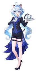 Rule 34 | 1girl, :d, adapted costume, ahoge, alternate costume, animal ears, bare legs, black footwear, black jacket, black shorts, blue eyes, blue hair, blue vest, blush, cat ears, cat tail, chalice, cup, fang, full body, furina (genshin impact), genshin impact, high heels, highres, jacket, kemonomimi mode, long hair, looking at viewer, open clothes, open jacket, open mouth, shirt, short shorts, shorts, sicle, simple background, skindentation, smile, solo, standing, tail, thigh strap, thighs, very long hair, vest, white background, white shirt, wing collar