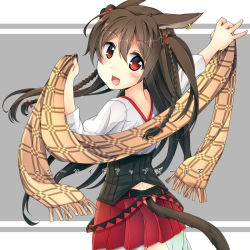 Rule 34 | 1girl, animal ears, braid, brown hair, cat ears, cat tail, ear piercing, earrings, jewelry, long hair, looking at viewer, looking back, open mouth, original, oruto (ort+), piercing, pleated skirt, red eyes, scarf, shirt, skirt, smile, solo, tail, twin braids, two side up, very long hair, vest