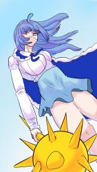 Rule 34 | 1girl, blue background, blue hair, blue skirt, breasts, cape, horns, large breasts, long hair, looking at viewer, mask, mouth mask, multicolored hair, neck ribbon, one piece, pink eyes, ribbon, shirt, skirt, solo focus, sorambk, thighhighs, ulti (one piece), upper body, weapon, white shirt