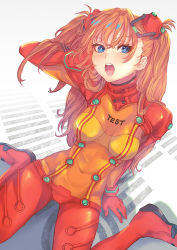 Rule 34 | 1girl, absurdres, arm support, artist request, bodysuit, breasts, evangelion: 2.0 you can (not) advance, hand in own hair, highres, long hair, looking at viewer, neon genesis evangelion, plugsuit, rebuild of evangelion, shiny clothes, shiny skin, sitting, skin tight, solo, souryuu asuka langley, test plugsuit, thighs, tsundere, two side up, very long hair
