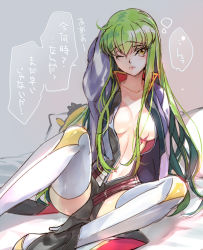 Rule 34 | 1girl, breasts, c.c., code geass, creayus, green hair, high heels, jacket, long hair, navel, no bra, open clothes, open jacket, scar, sitting, thighhighs, translated, waking up, yellow eyes