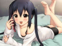 Rule 34 | 1girl, barefoot, bed, bike shorts, black hair, blush, brown eyes, cellphone, feet, k-on!, long hair, lying, nakano azusa, off shoulder, on stomach, phone, ryunnu, sleeves past wrists, smile, soles, solo, sweater, toe scrunch, toes, twintails